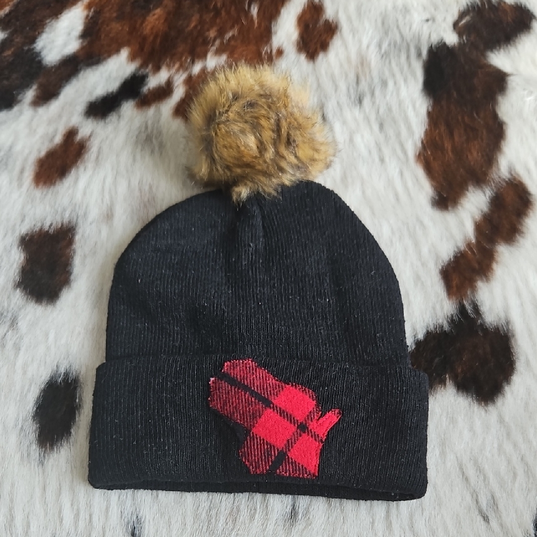 Black And Red Kids Pom-Pom Beanie With Wisconsin Patch